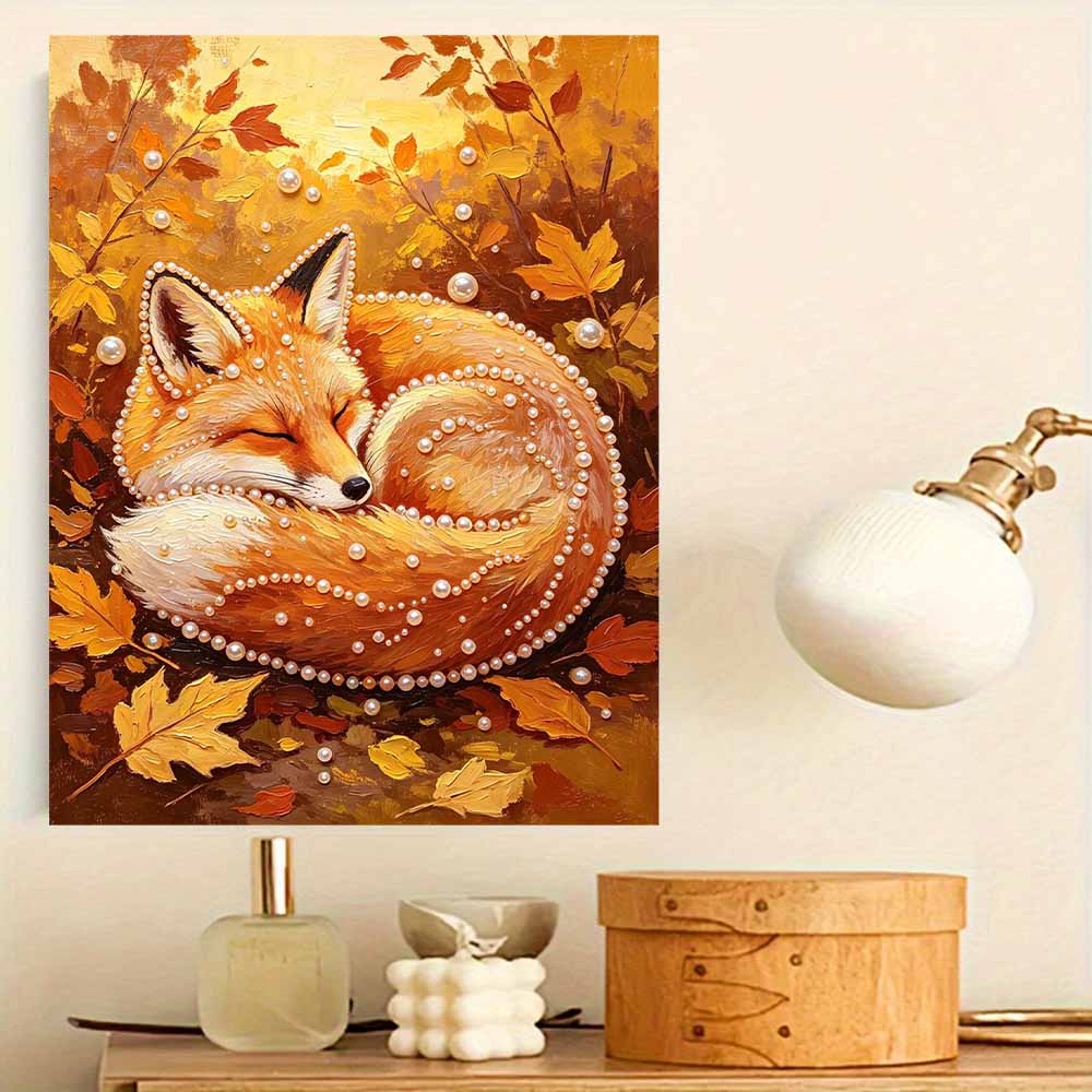 Sleeping Fox Autumn 5D Pearl Painting Kit with Frame DIY Sparkling Bead Canvas Art Relaxing Craft for Girls Room Decor Home Wall Art
