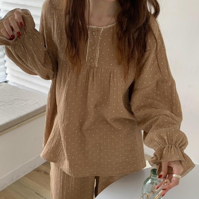 Women Cute Long-Sleeved Trousers Curry Polka Dot Printed Nightwear Homewear Spring and Fall Ladies Casual Sleepwear Loungewear