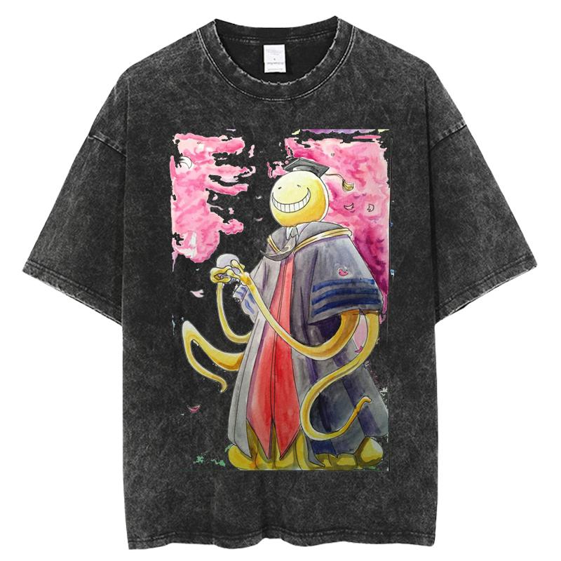 Anime Assassination Classroom Tshirt Korosensei Print Washed Oversized T Shirt Mens Clothing Cotton Casual Short Sleeve Tees S