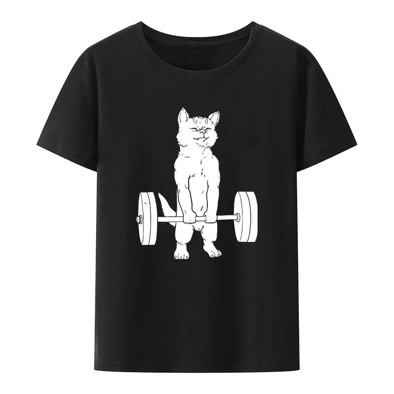 Cute Cat Powerlifting Gym Lover Modal Print T Shirts UnisexShort Sleeve Loose Breathable Camisetas Creative Casual Cool Tops
