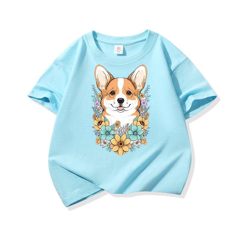 Welsh Corgi Surrounded Colorful Blooms Graphic Tee Kids 100 Cotton Crew Neck T Shirt Cute Puppy Print Short Sleeve Stylish Top