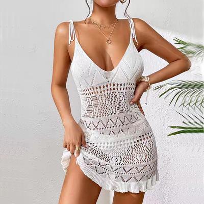 Letní plážové mini šaty Dámské sexy hluboký V Výstřih Prolamované Síťované Pulovr Dámské Pletené Svetry Průsvitné ležérní slim šaty na ramínka
