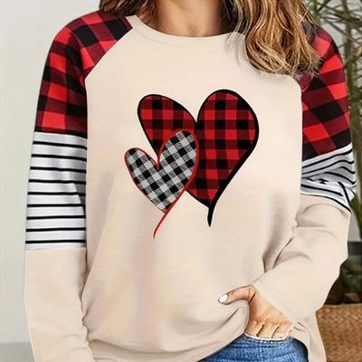 Oberteile für Damen, Rundhalsausschnitt, Langarm-T-Shirt mit Gitter-Liebes-Print, Herbst, lässiger, schlanker Pullover, Langarm-Oberteil für Damen