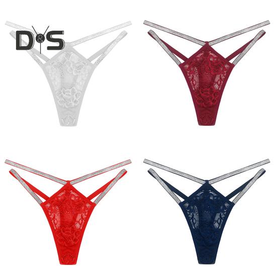 Sexy Women G string Thong Low Waist See through Sheer Hollow Floral Lace Rhinestone Straps Breathable Soft Ladies Underwear Brief Panties