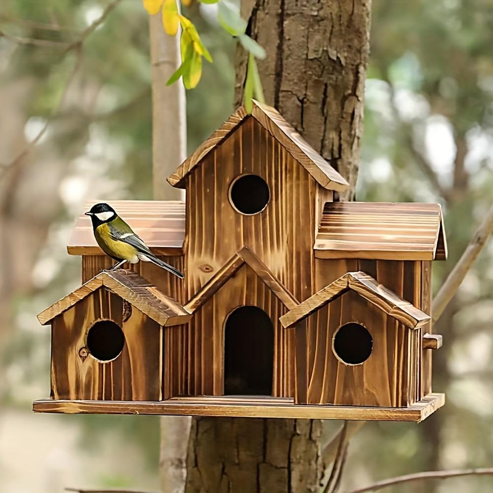 Wooden bird house, outdoor garden bird villa nest, decorative hanging bird feeder, natural wood, rural bird home decoration