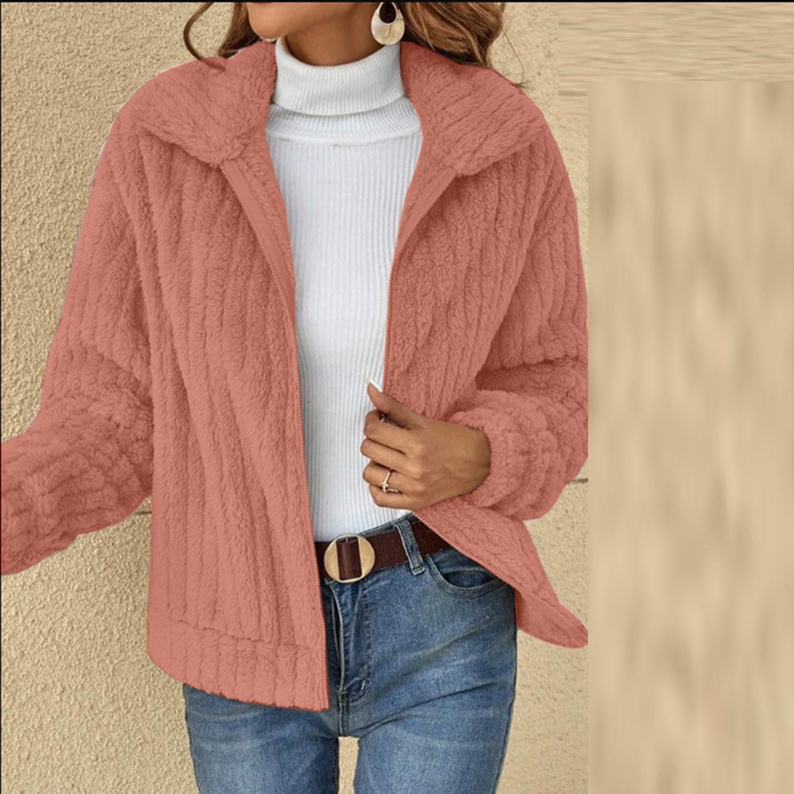 

Жіночий модний осінньо-зимовий плюшевий кардиган з коротким лацканом на блискавці XXXL рожевий