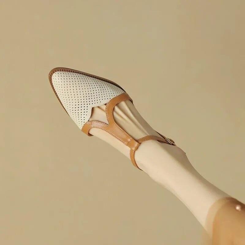 Fashion NEW Summer Women Sandals Split Leather Shoes for Women Simple Chunky Heel Shoes Cover Toe Slingback Pointed Toe Designer Sandals