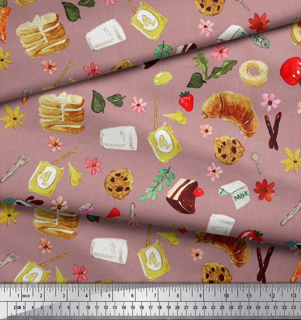 Soimoi Japan Crepe Satin Fabric Fruits,Bread & Donut Food Decor Fabric Printed metre 42 Inch