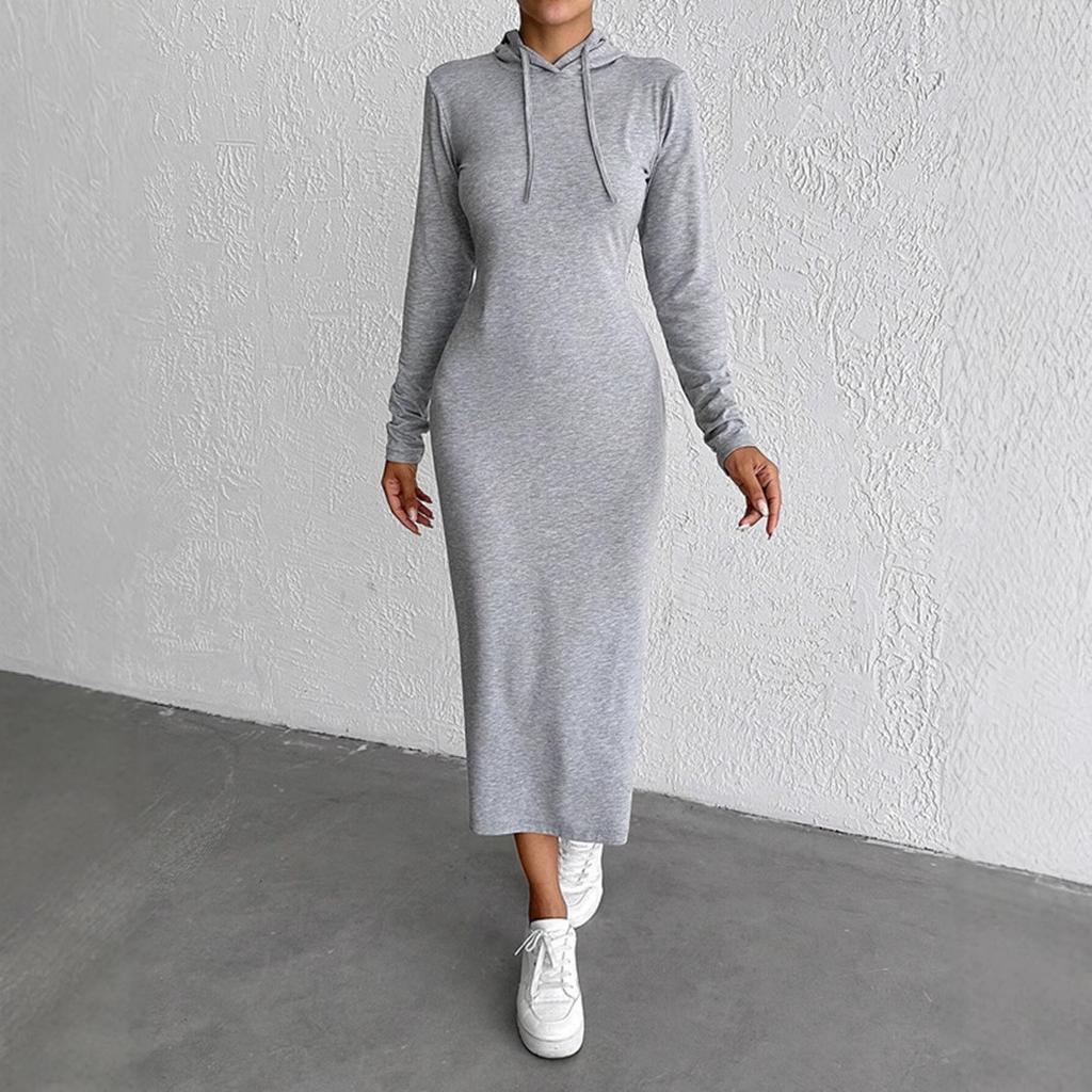 2025 Autumn Winter Solid Long Sleeve Maxi Dress for Women Clothing Elegant Skinny Elastic Gray Hooded Dresses Fashion Streetwear