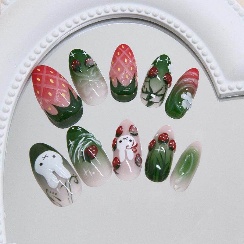 Ice through three-dimensional strawberry rabbit flower smudged ins wind wearing armor 24 pieces press on nails