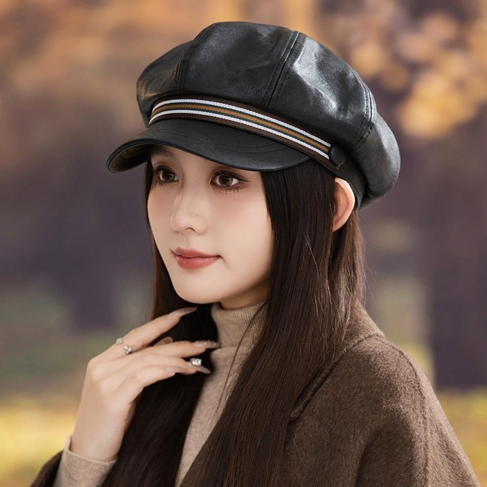 Windproof Octagonal Hat Warm Painter Hat Personality Pu Leather Beret  Girl