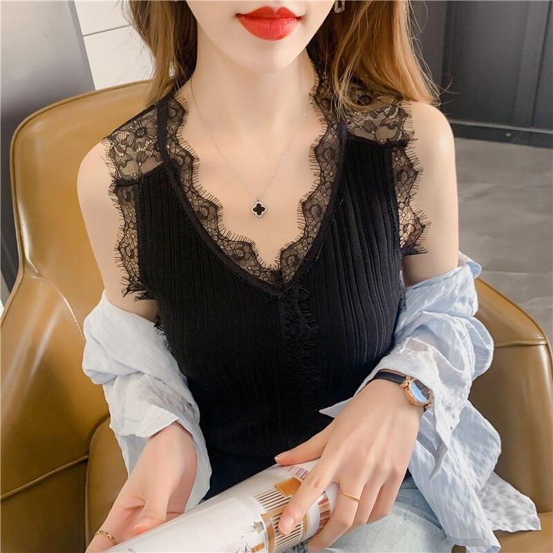 Léto bez zad Sexy duté krajkové pletené halenky Ženy Bez rukávů Jednobarevné Tenké Ledové Ležérní Košile Módní Kancelář Dámská tílka 25380