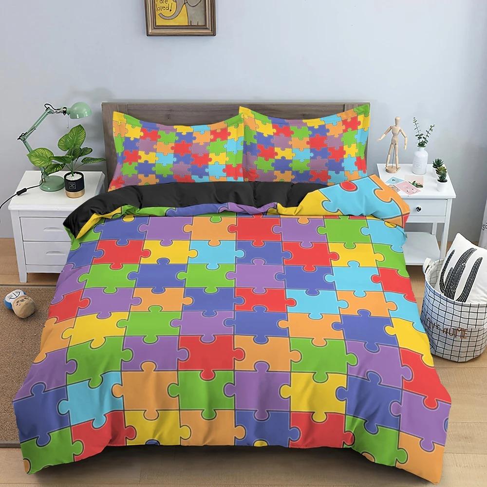 3D Print Colorful Puzzle Duvet Cover King Queen Geometric Figure Quilt Cover Simple Polyester Bedding Set for Kids Boys Girls