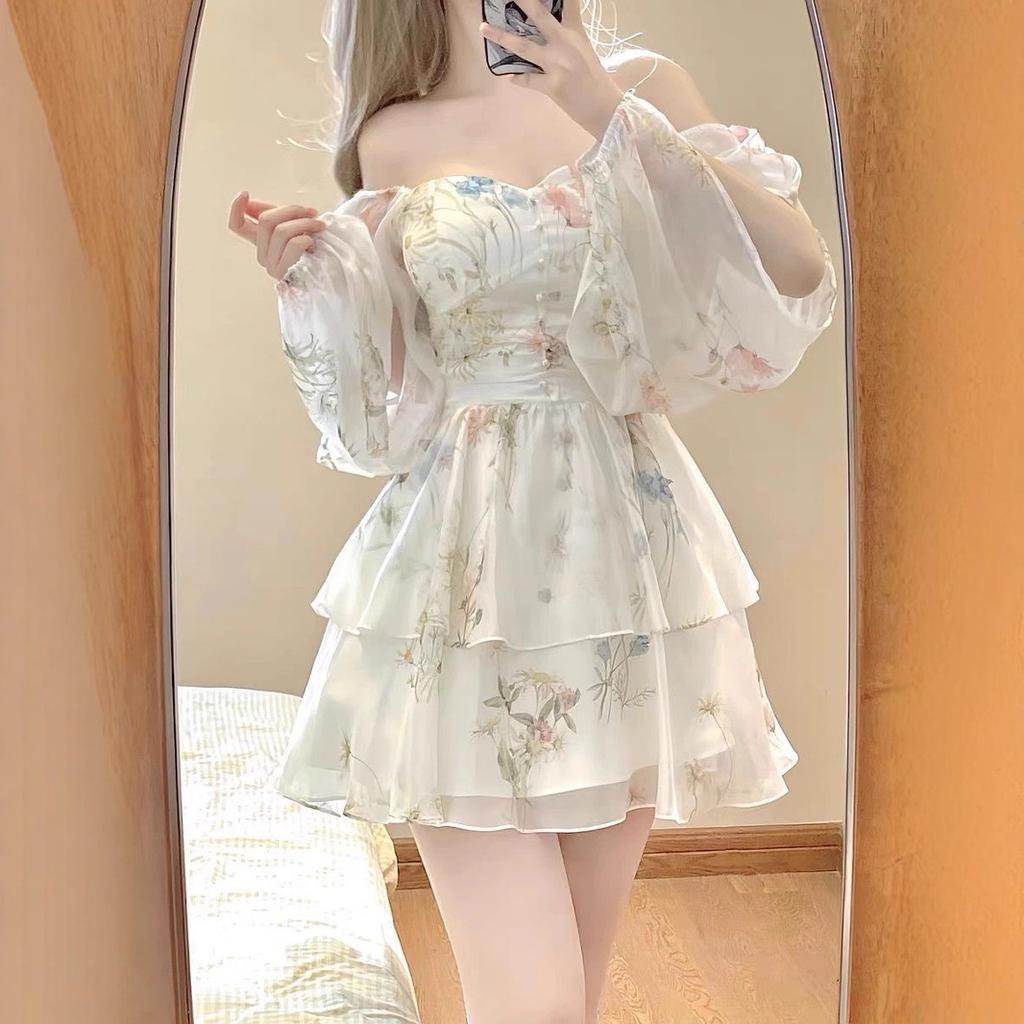 Sunscreen chiffon floral dress women's summer high-end temperament fairy irregular skirt waist small short skirt