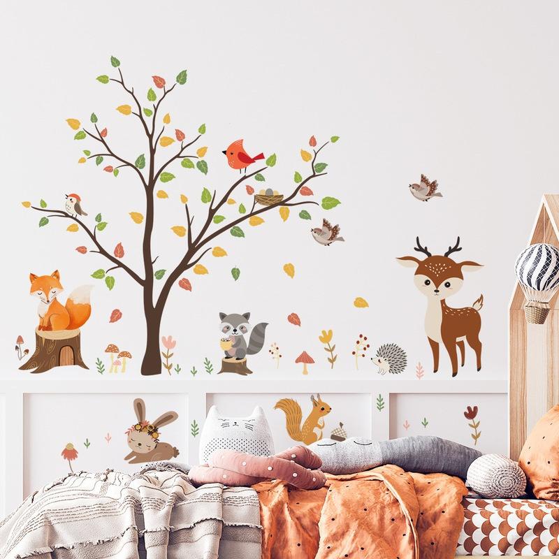 Kids Room Wall Stickers Cartoon Animals Tree Stickers DIY Wallpaper for Home Decor Fox Deer Wall Decals Baby Bedroom