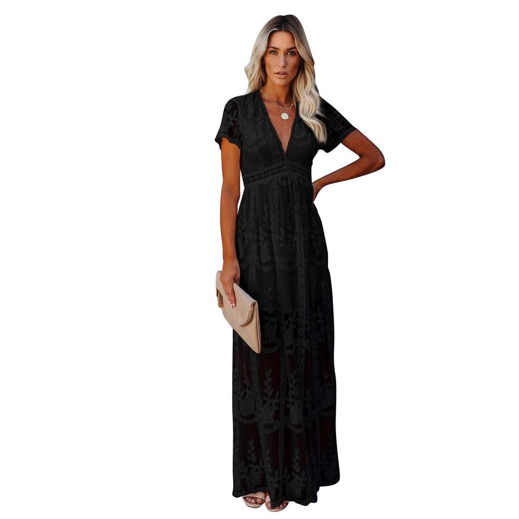Women's Elegant V-neck Short-sleeved Lace Bride Long Dress Long Dress Wedding Bridesmaid Party Dress