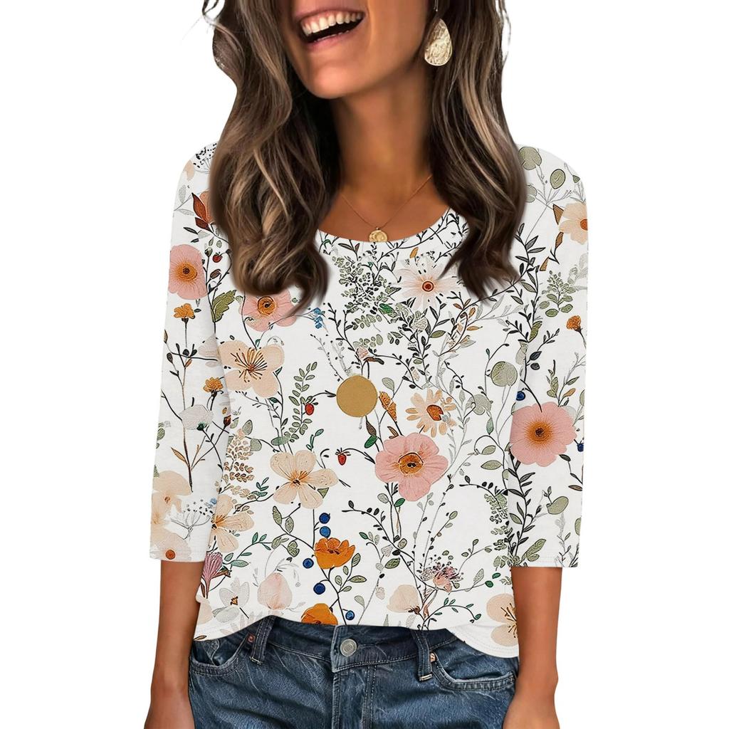 343/4 Sleeve Shirts For Women Cute Print Graphic Tees Blouses Casual Plus Size Basic Tops Pullover