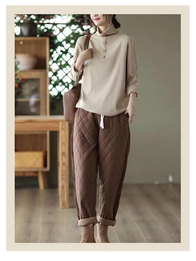 Retro Diamond-Patterned Women's Elastic Waist Harem Pants - Thick, Warm, Casual Cotton Trousers
