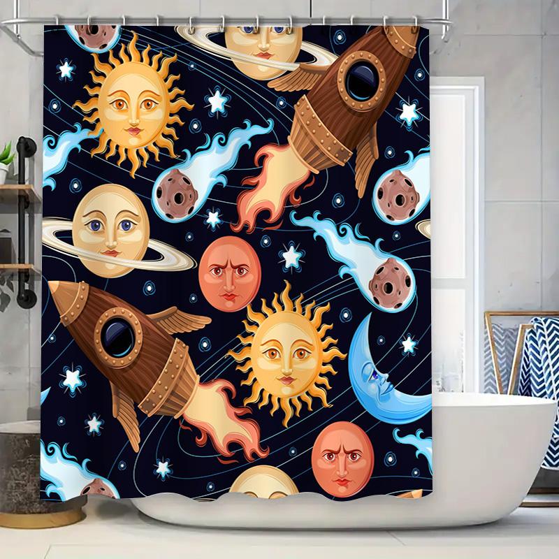Space Exploration Shower Curtain with Planetary CharactersAesthetic Design for Your Bathroom Décor Multicolored Space-themed Bat 90x180cm