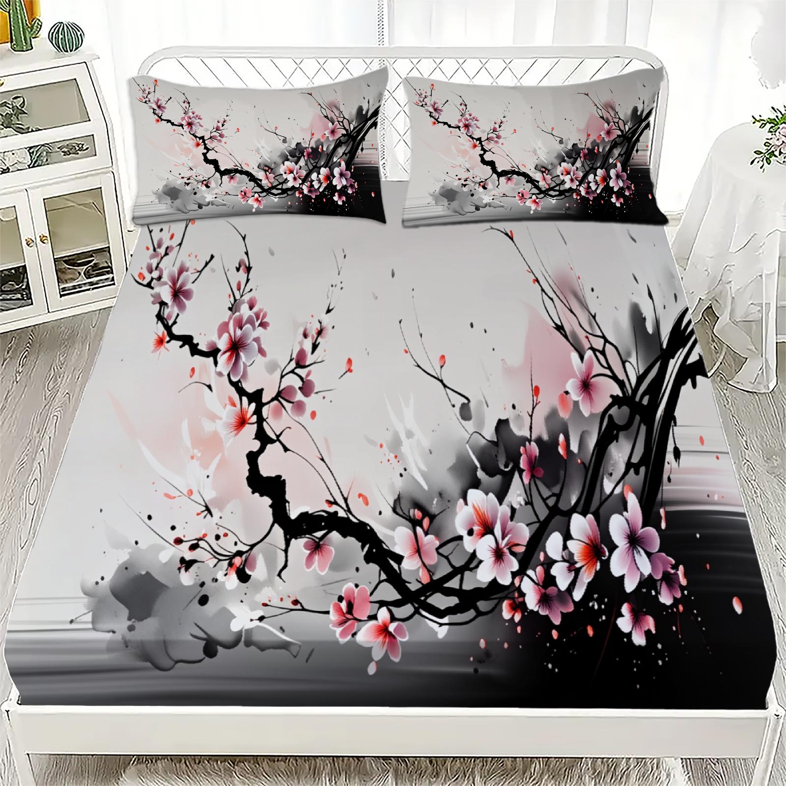 

3pcs Cherry Blossom Fitted Sheet 3D Printed Pink And Black Floral Pattern Flat Sheet With Pillowcases No Filling Vivid Visual EU Double(200x200cm)