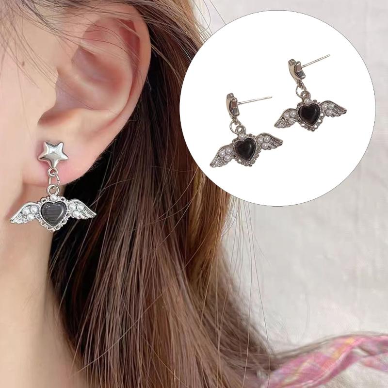 Elegant Pearls Accented Angel Wing Heart Earrings Premium Alloy Allergy Resistant Lightweight Ear Pendant For Daily Wear