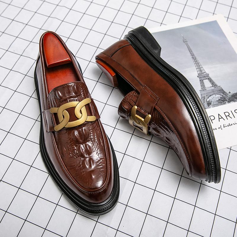 

Повседневные лоферы мужские из ПУ с тиснением, металлической пряжкой, на низком каблуке, однотонные, удобные, деловые, формальные, классические мужские туфли 45