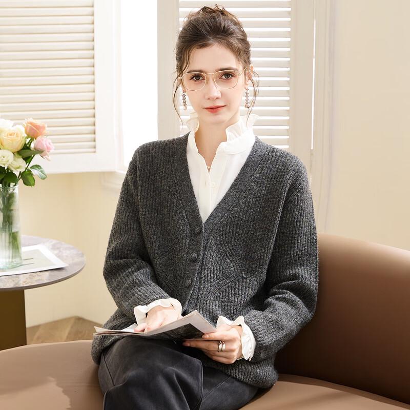 TUHUANG Women's 2025 A/W Pure Wool Thickened Ribbed V-Neck Cardigan Sweater