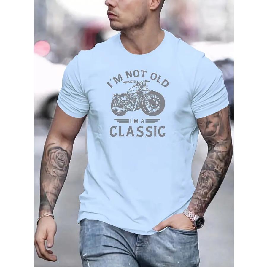 Men's Classic Motorcycle Graphic T-Shirt - "I'M NOT OLD I'M A CLASSIC" Print, Round Neck, Short Sleeve, Casual Summer Tee Relaxed Fit, Vibrant Graphic