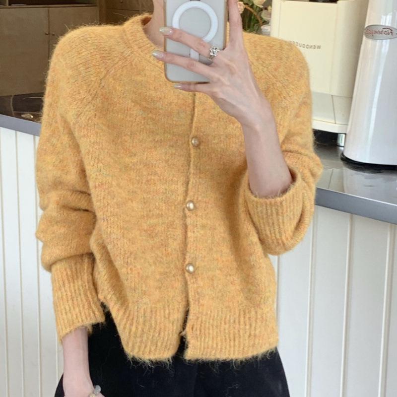2025 Autumn/Winter Korean Style Soft & Fluffy Knit Cardigan with Gold Buckle and Round Neck for Women