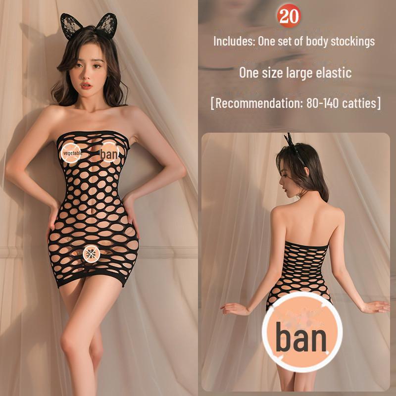 Erotic Black Mesh One-Piece Lingerie Set with Open Stockings - Tempting and Sexy