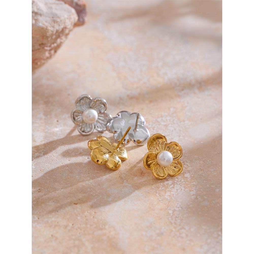 Yhpup Fashion Stainless Steel Simulated Pearls Metal Flower Trendy Stud Earrings Tarnish Resistant Daily Charm Jewelry Gift