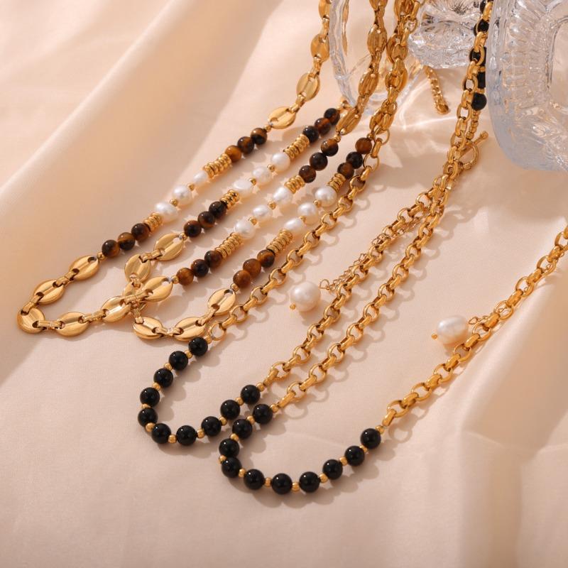 Meier Vintage court style titanium steel gold-plated beaded necklace with natural tiger's eye and freshwater pearls