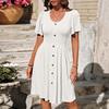 Summer Women's Round Neck Button Stretch Casual Temperament Short Sleeve Dress