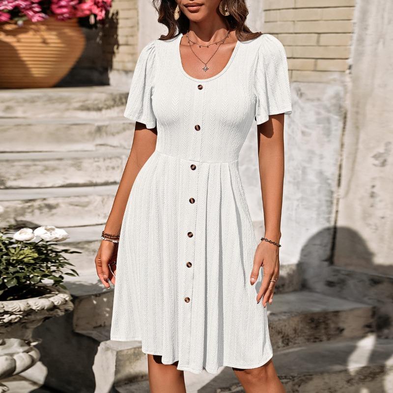 Summer Women's Round Neck Button Stretch Casual Temperament Short Sleeve Dress