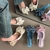 French silver pointed single shoes bow high heel sandals summer new fashion low heel rear empty light mouth slippers women