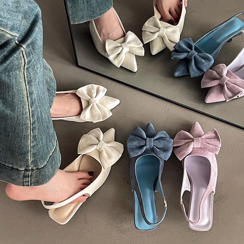 French silver pointed single shoes bow high heel sandals summer new fashion low heel rear empty light mouth slippers women