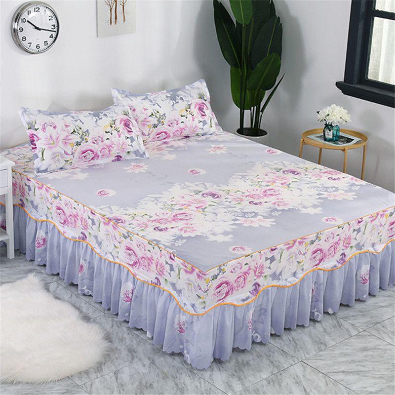 3PCS Bed Skirt Flower Printed Fitted Sheet Cover Home Graceful Bedspread Bed Linens Bedroom Decor Mattress Cover Pillowcase