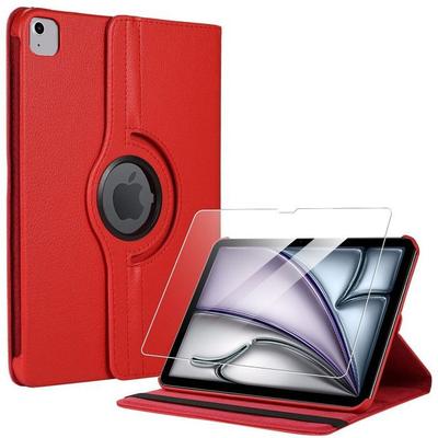 Case + Tempered Glass - BOOLING - for iPad Air 11" 2024/2025/2026 - 360° Rotating Case - Red - Faux Leather