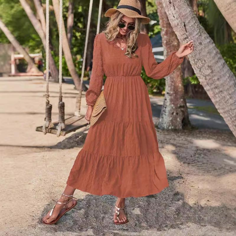 Fall Winter Spring Style Lantern Sleeve Patchwork Women's Dress