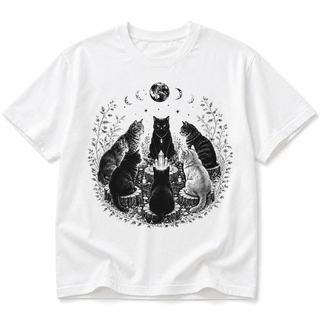 Cat Coven T-Shirt Mystical Black Cat Witchy Moon Phase Graphic Tee