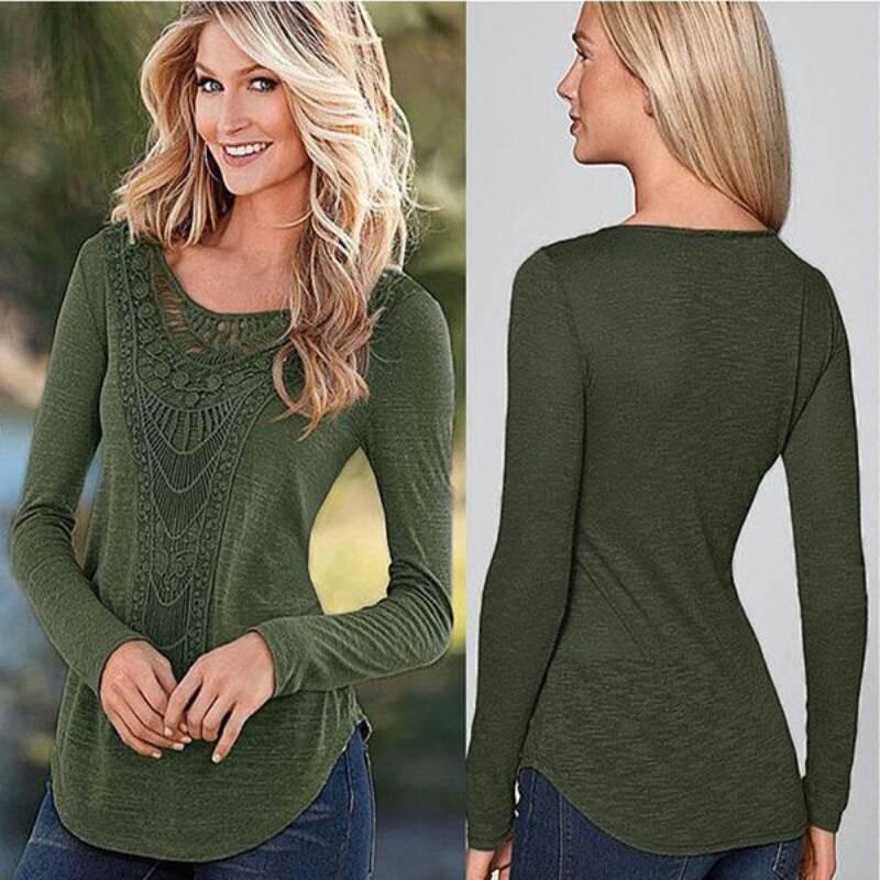 Elegant Lace Patchwork Long Sleeve Cotton Blouse For Women Geometric Design