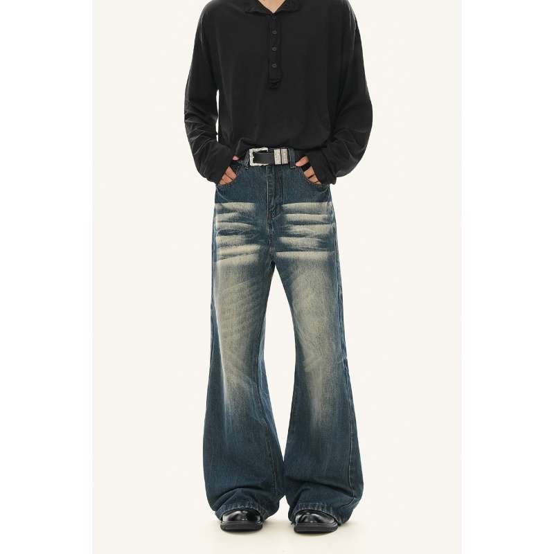 Джинсы клеш женские JYL Винтажная стирка с разводами Ленивые Свободные В пол Bootcut Деним S бездна