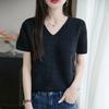 T-shirt en maille à col en V pour femme, décontracté, à manches courtes, texturé, coupe ajustée, haut d'été