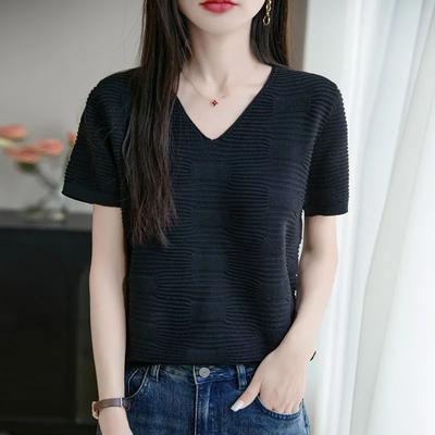 Camiseta de punto con cuello en V para mujer, informal, de manga corta, texturizada, ajuste ceñido, top de verano