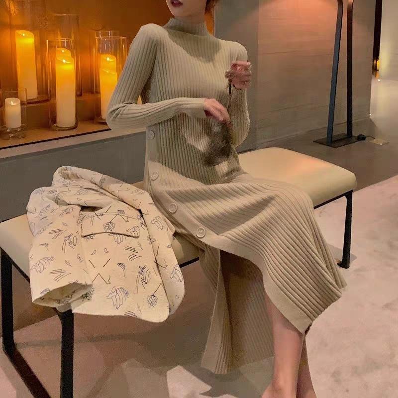 

Темпераментное вязаное платье женское осенне-зимнее новое средней длины с завышенной талией, прилегающее, с подкладкой, юбка-свитер с подолом XL верблюд