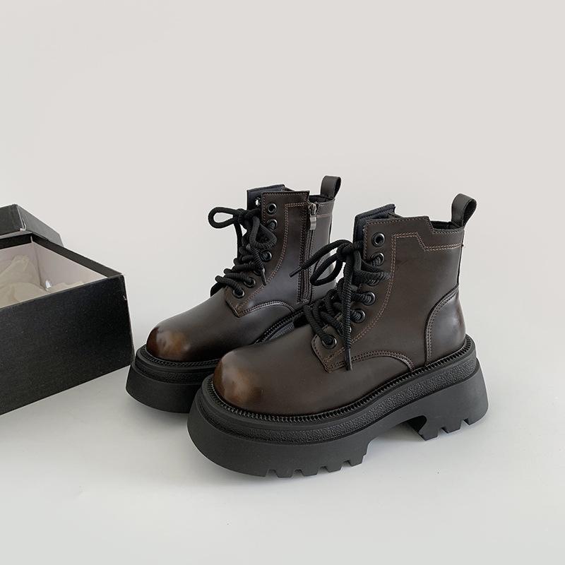 Vintage Platform Women Motorcycle Ankle Boots Fashion Lace Up Shoes Autumn Winter Thick Heel Ladies Short Booties