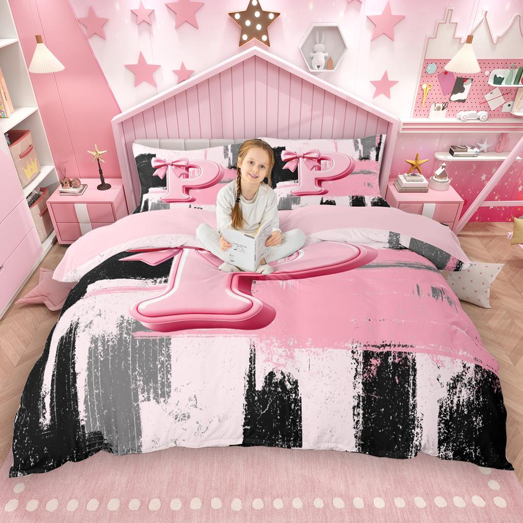 Homewish Girls Bow Monogrammed Duvet Cover Set 2Pcs/3Pcs Black Pink Ombre Bedding Set Personalized Letter A To T Quilt Cover