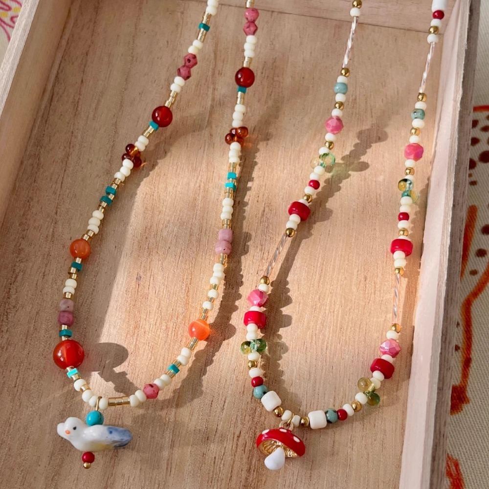 Ethnic Style Mushroom Collarbone Chain Beads String Pearl Clavicle Chain  Spring