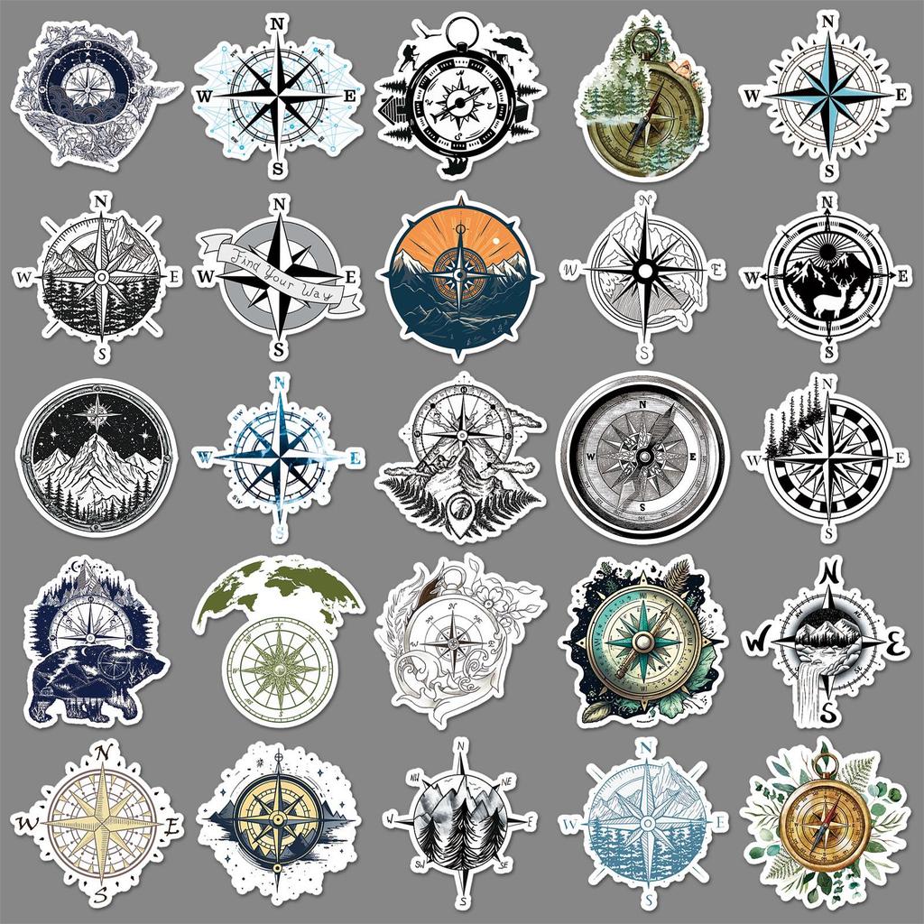 50 Compass Cartoon Graffiti Waterproof Stickers for Laptops, Water Bottles, and Notebooks