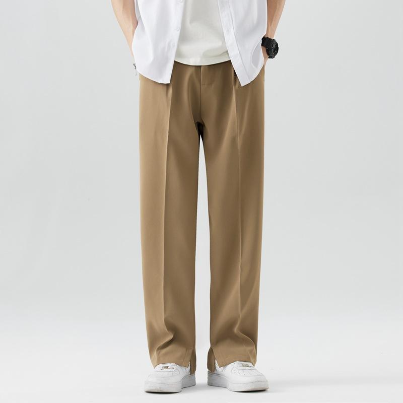 Summer Casual Pants Men Breathable Polyester Korean Fashion Semi-Wide Banded Waist Slacks Straight Loose Drape Trousers